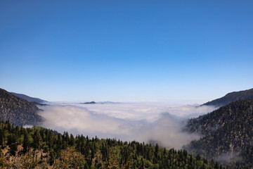 Fototapeta na wymiar Magnificent view of the San Bernardino Mountains peaking above the clouds from the Rim of the World HWY (HWY 18) look out area early in the morning. Southern California, USA.