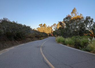 View of the two lane walking, jogging and skating trail at Lake Miramar in San Diego, CA.