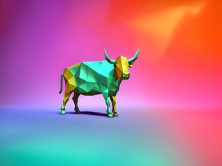 Low poly cow on a bright colored background. Papier mache calf statuette, frontal view. Generative AI.