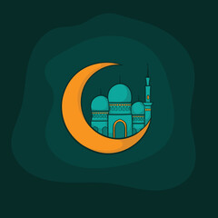 crescent moon with mosque and green background in cartoon design for ramadan kareem template design