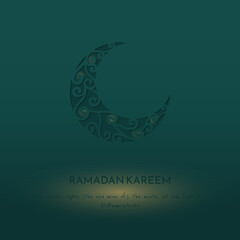Paper cut of crescent moon with simple ornament design in green background for ramadan template