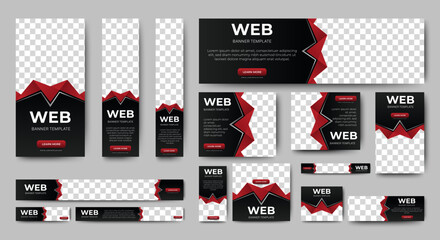 Set of web banners of different sizes with diagonal red elements and a place for photos.