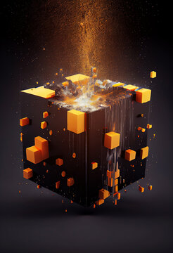 Futuristic 3D cube with liquid splashes dissolving in up direction.  
Digitally generated AI image.