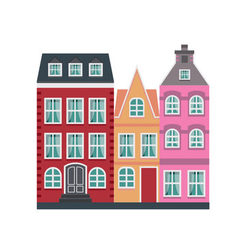 Vector image of a scandinavian old high-rise building close-up on a white background. Graphic design.