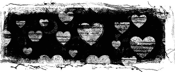 Banner with glitch distorted heart shapes . Minimal art design . Noise destroyed circle logo . Trendy defect error shapes . Glitched frame .Broken effect . Grunge texture . Distress effect .vector 