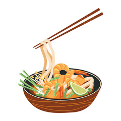 A popular Thai dish is pad thai noodles on a white background. Asian food. Vector illustration for restaurants, menus, decor
