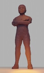 Human figure made from blocks 3d rendering illustration. Isolated standing person build from plastic bricks.