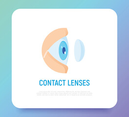 Inserting contact lens in eye thin line icon. Vision correction. Ophthalmology vector illustration.