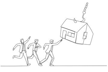 Drawing of group of businessman try to get house bait on fishing hook. Continuous line art style