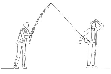 Illustration of businessman fishing other man wallet concept of business competition. Single line art style