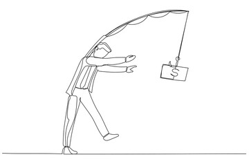 Drawing of businessman walk like zombie live life with money as motivation. Continuous line art