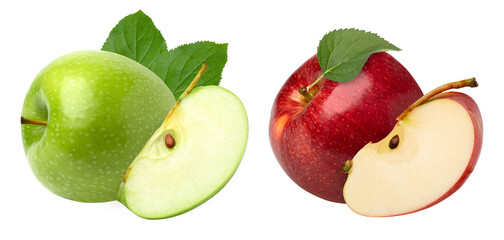 Red and green apples with leaves and slices isolated, transparent png, collection, PNG format, cut out.