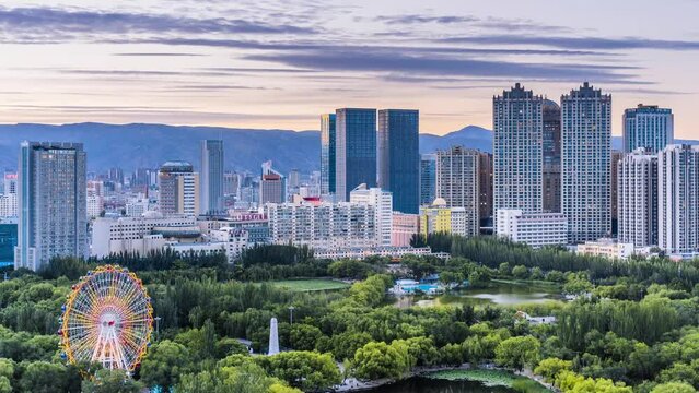 Timelapse photography of Qingcheng Park skyline in Hohhot, Inner Mongolia, China