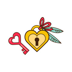 Padlock in shape of heart and key on white background