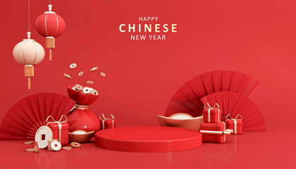 3d podium for happy chinese new year 2023on red color