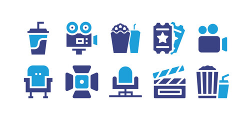 Cinema icon set. Duotone color. Vector illustration. Containing soda, video production, popcorn, tickets, video camera, seat, lighting, cinema seat, clapperboard.