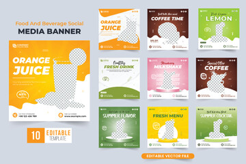 Fresh beverage business social media post bundle with orange and green colors. Juice bar and cafe template set vector for digital marketing. Fruit cocktail promotional poster collection design.
