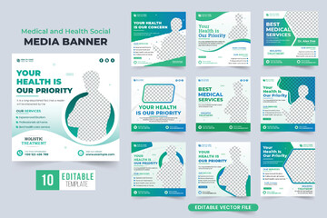 Medical facilities advertisement template bundle design with abstract shapes. Hospital treatment promotional web banner collection vector. Healthcare service social media post set vector.