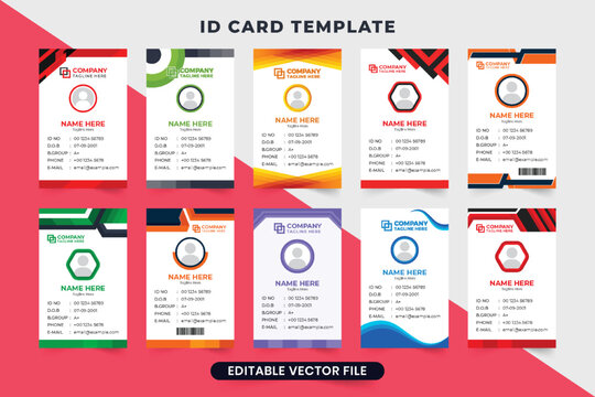Identification card bundle for business organizations. Office identity card set design with photo placeholders. Employee and student ID card template collection for corporate identity.