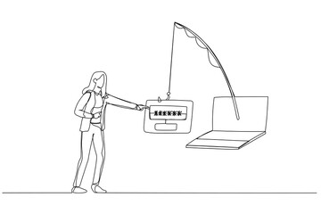 Cartoon of businesswoman with credit card almost get scammed by submit password concept of phishing. Single line art style