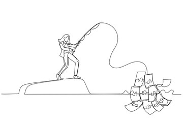 Drawing of businesswoman fishing money concept of seeking profit. Continuous line art