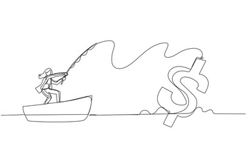 Drawing of businesswoman try to get fish fishing in the sea. One line style art