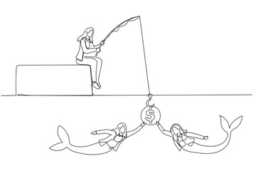 Illustration of businesswoman fishing human resource mermaid man concept of hunting talent. Continuous line art style