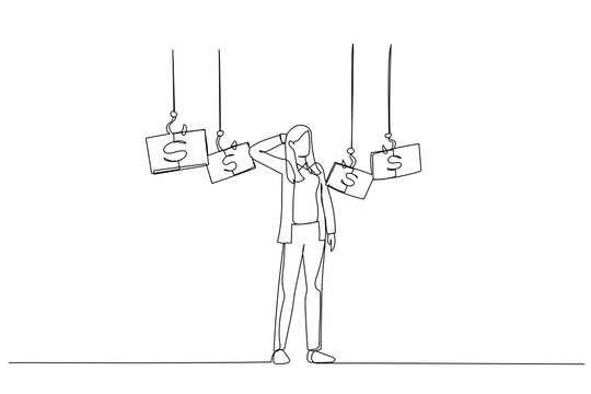confused businesswoman with money on hooks clip art preview