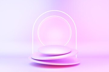 3d illustration of a pink circle podium stand on the background of a geometric composition. 3d rendering. Minimalism geometry background