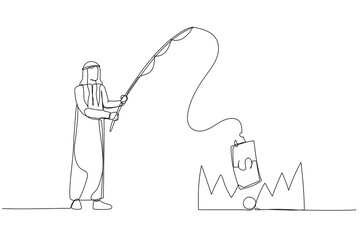 Cartoon of arab businessman stealing money from trap with fishing rod  metaphor of investment risk. Single line art style