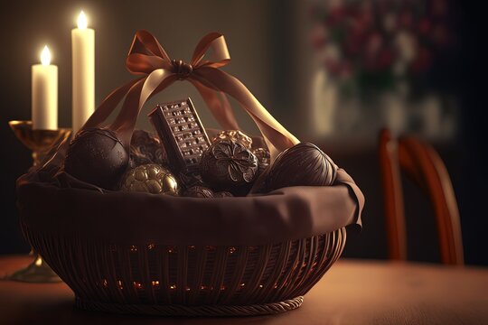 illustration of weaved wood basket full of chocolate as a season and holiday gift