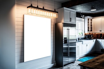 illustration of mock-up wall decor frame is hanging in minimal style kitchen
