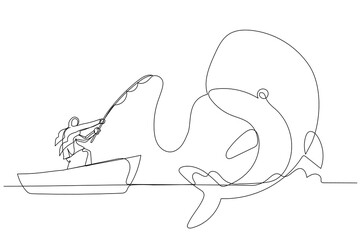 Cartoon of muslim woman get big fish whale concept of catching big profit. One line style art