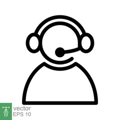 Telemarketer icon. Simple outline style. Call center operator with headset, customer service, telemarketing concept. Thin line, linear symbol. Vector illustration isolated. EPS 10.
