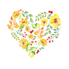  Heart made of watercolor floral. Valentine's Day card. Hand drawn illustration isolated on white background. For packaging, wrapping design, wedding or print.
