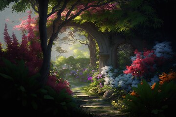 illustration of beautiful secret enchanted garden with pavilion that has vine grown over it with nobody 