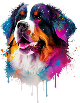 Colorful Bernese Mountain Dog with paint splashes
