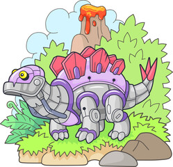 cartoon robot dinosaur stegosaurus, funny illustration