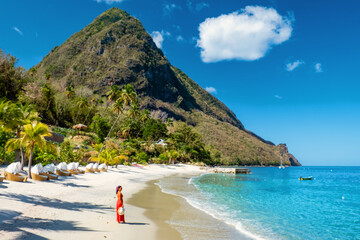 St Lucia Caribbean, woman on vacation at the tropical Island of Saint Lucia Caribbean ocean, Asian...