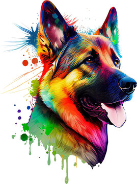 Colorful German Shepherd with paint splashes
