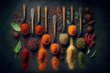 illustration of spice and seasoning powder in spoon, various, many different in color and aroma spice, grunge background