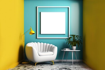 illustration of mock-up wall decor frame is hanging in cozy minimalism living room with comfort sofa