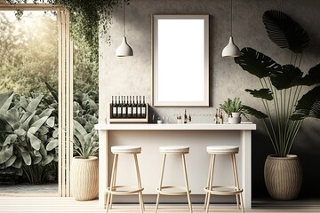 illustration of mock-up wall decor frame is hanging in cozy minimalism, the bar or counter 