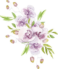 Watercolor botanical floral bouquet, violet orchids arrangement with green leaves, tropical violet orchid, perfect for wedding invitation, baby shower, flower decoration