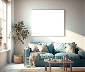 illustration of mock-up wall decor frame is hanging in cozy minimalism living room with comfort sofa, white and soft tone color