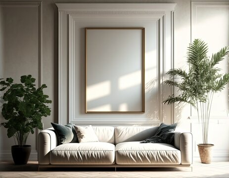 illustration of mock-up wall decor frame is hanging in cozy minimalism living room with comfort sofa, white and soft tone color