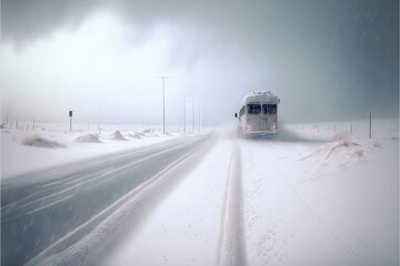 bus driving on snowy highway countryside whiteout blizzard illustration