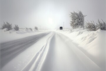 Fototapeta premium bus pulled over in blizzard snowy country rural highway road whiteout conditions illustration 