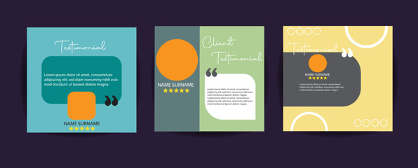 Customer feedback testimonial template vector with star ratings. Client testimonials template design with dark gray and yellow color. Customer feedback review or testimonial layout vector.
