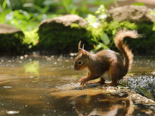 水辺で手を洗うニホンリス
